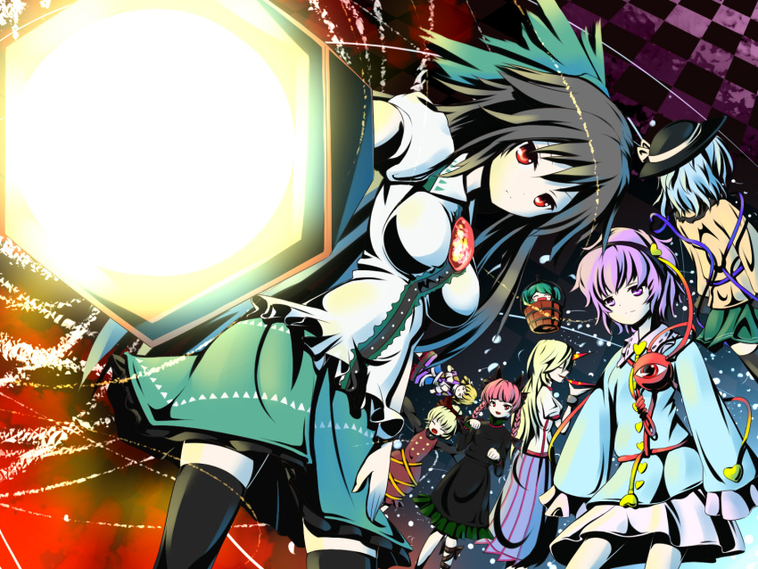 >_<, arm_cannon, black_hair, black_legwear, blonde_hair, bow, braid, closed_eyes