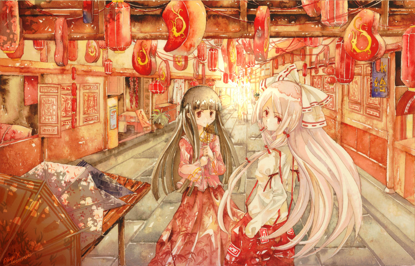 absurdres, akuryo.x, black_hair, bow, branch, chinese_lantern, fujiwara_no_mokou, hair_bow, hands_in_pockets, highres, houraisan_kaguya, jeweled_branch_of_hourai, lantern, long_hair, looking_at_viewer, multiple_girls, paper_lantern, plant, potted_plant, red_eyes, smile, street, touhou, traditional_media, umbrella, watercolor_(medium), white_hair
