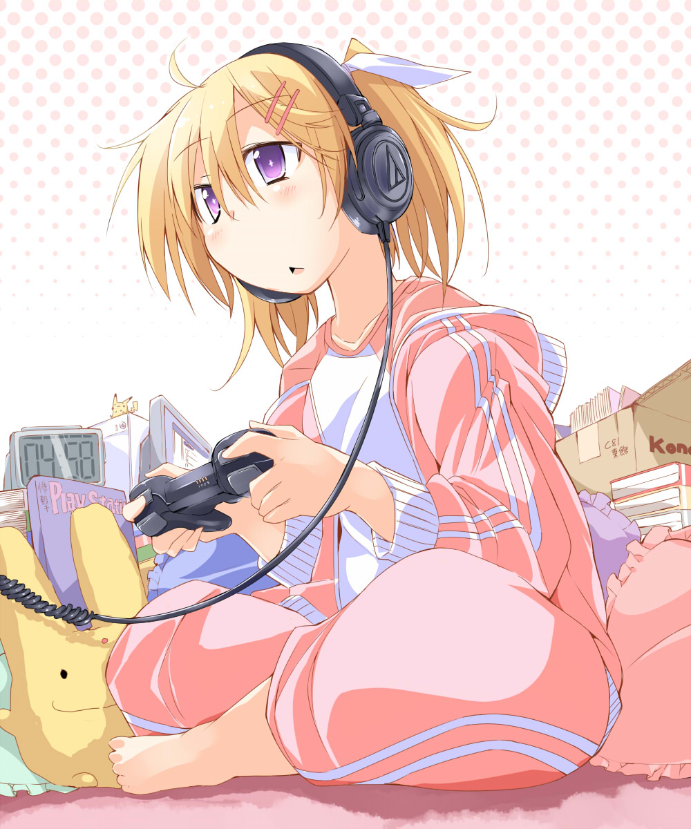 audio-technica, bibi, blonde_hair, cameo, clock, controller, dualshock, game_controller, gamepad, hair_ornament, hair_ribbon, hairclip, headphones, highres, indian_style, monitor, original, pikachu, pikachu_(cameo), pillow, playstation_3, pokemon, ps3, purple_eyes, ribbon, sitting, solo, track_suit, violet_eyes