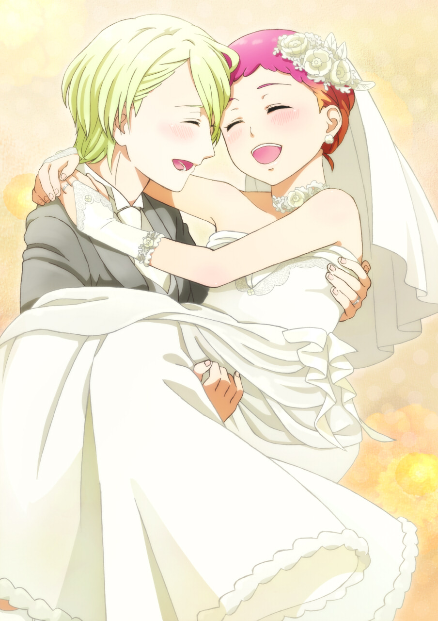 aquarion_evol, blonde_hair, blush, bridal_veil, carrying, closed_eyes, couple, dress