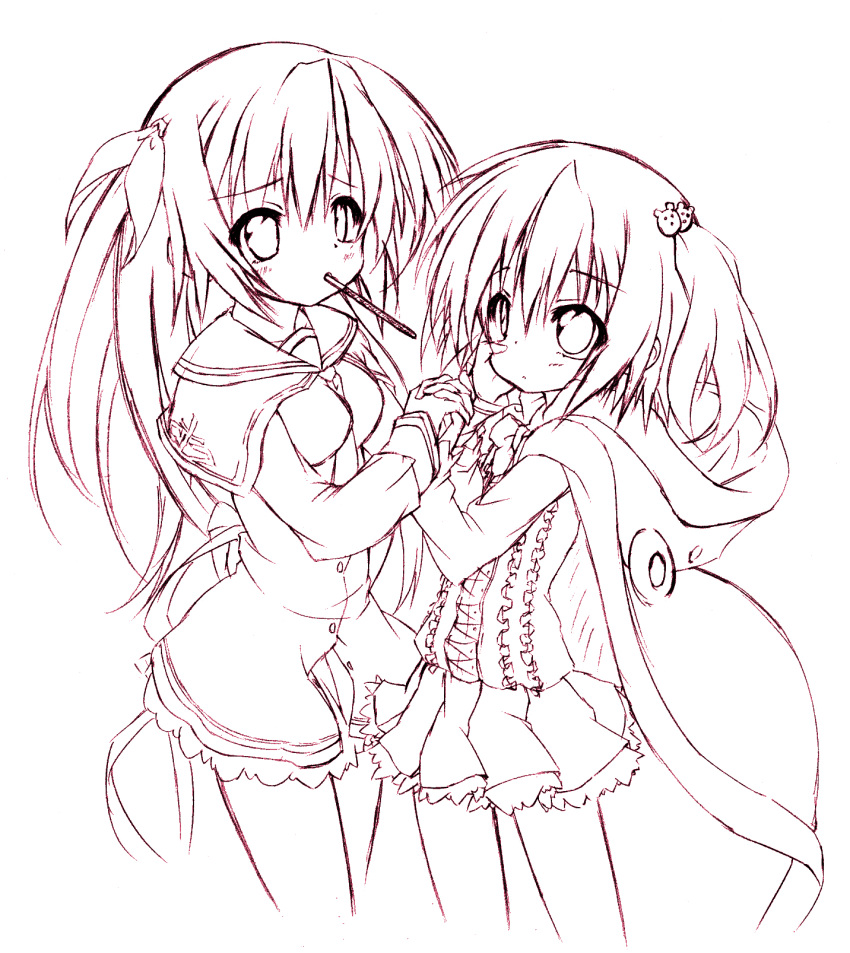 bangs, breasts, cape, capelet, dress, flat_chest, frills, hair_ornament