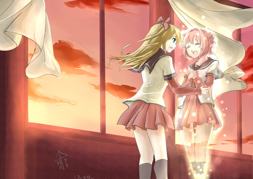absurdres, ai_ai_gasa, akaza_akari, blonde_hair, closed_eyes, cloud, crying, curtains