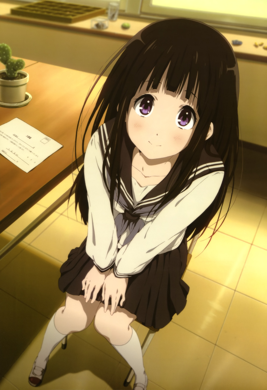 1girl, absurdres, black_hair, cactus, chair, chitanda_eru, desk, footwear