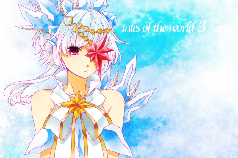 albino, bad_id, blue_background, bow, expressionless, eyepatch, headgear, razalis, red_eyes, ribbon, short_hair, solo, tales_of_(series), tales_of_the_world_radiant_mythology_3, title_drop, white_hair, yamashiro_(heisi-chan)