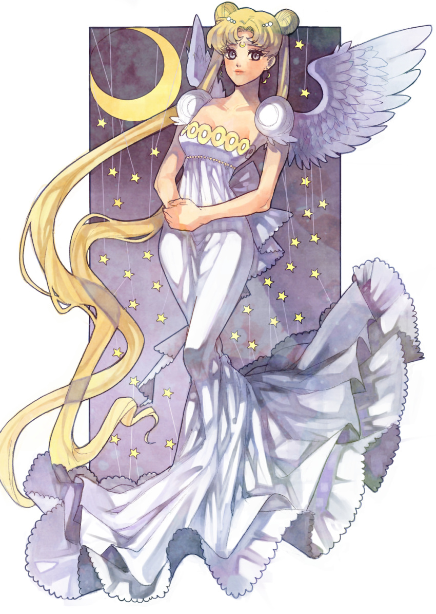 angel_wings, aruterra, bad_id, bishoujo_senshi_sailor_moon, blonde_hair, crescent_moon, double_bun, dress