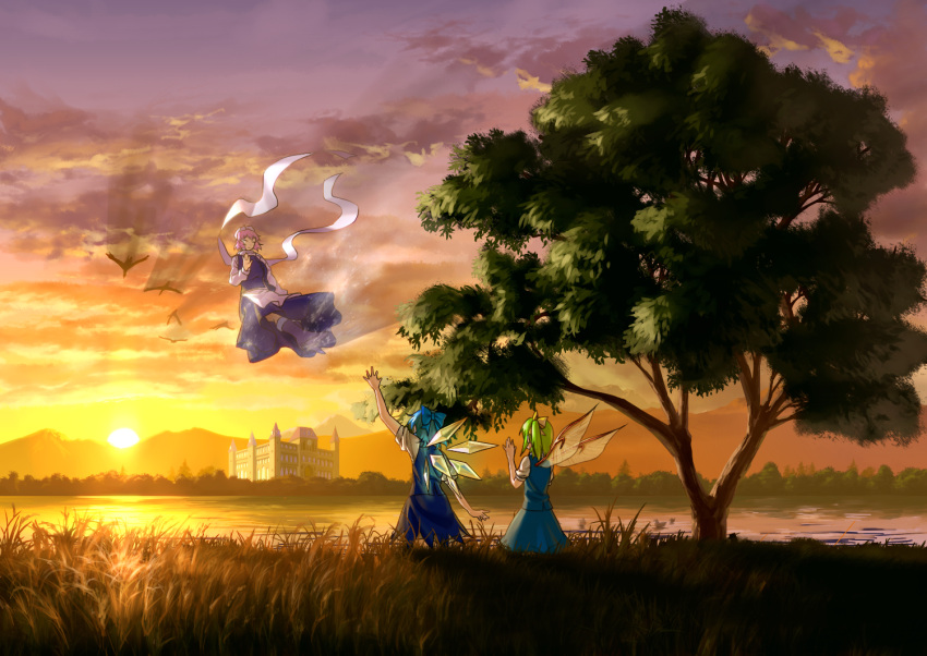 bird, blue_hair, bow, breasts, cirno, closed_eyes, cloud, daiyousei