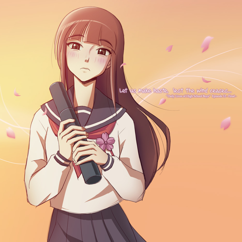 blush, bungaku_shoujo_(danshi_koukousei), danshi_koukousei_no_nichijou, english, f-fact, flower, graduation, long_hair, petals, school_uniform, serafuku, simple_background, solo, tube