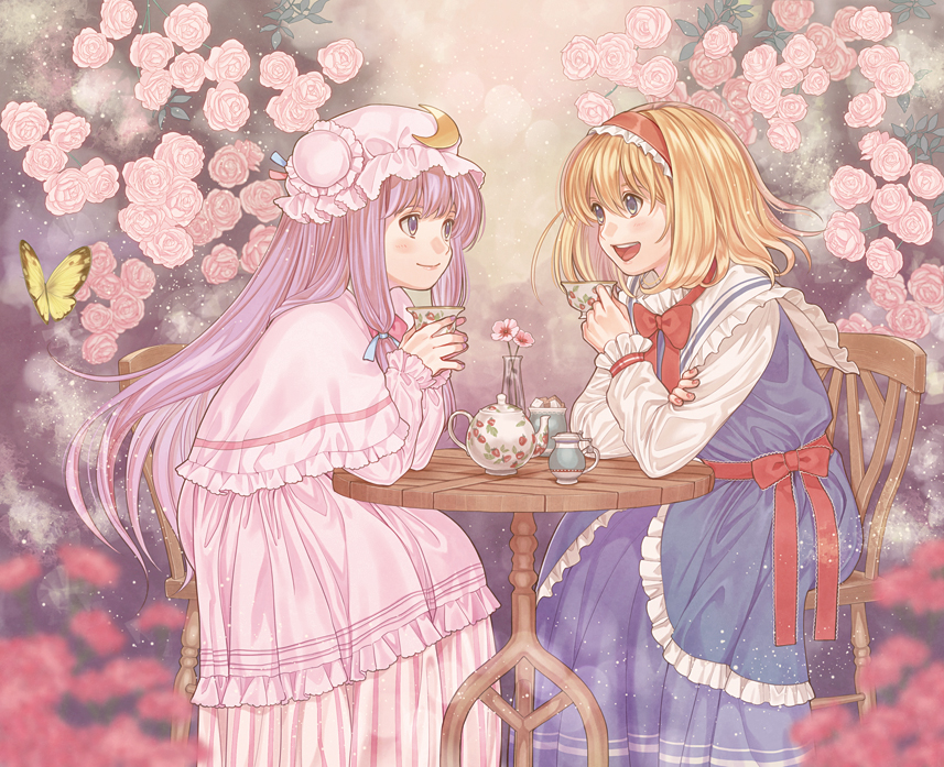 alice_margatroid, blonde_hair, blue_eyes, butterfly, capelet, chair, cup, flower, hat, long_hair, multiple_girls, nazuki_nazu, open_mouth, patchouli_knowledge, purple_eyes, purple_hair, short_hair, sitting, smile, table, teacup, teapot, touhou, violet_eyes