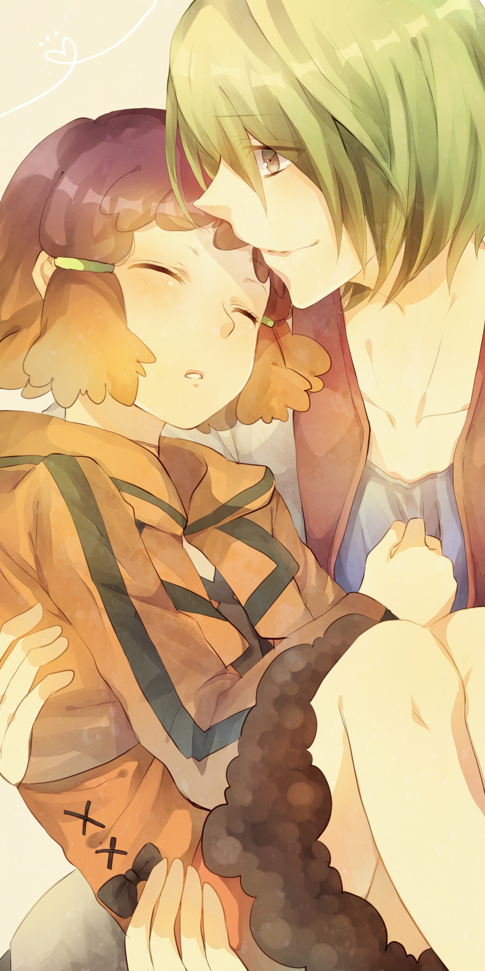 1girl, aquarion_(series), aquarion_evol, blonde_hair, carrying, closed_eyes, eyes_closed, gradient_hair, grey_eyes, highres, jin_muso, jin_musou, multicolored_hair, orange_hair, princess_carry, purple_hair, sarara23, short_hair, toa_(sarara23), yunoha_thrul