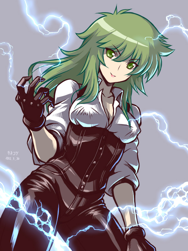 breasts, cleavage, electricity, gloves, green_eyes, green_hair, kaneko_tsukasa, long_hair, ophiuchus_shaina, saint_seiya, solo