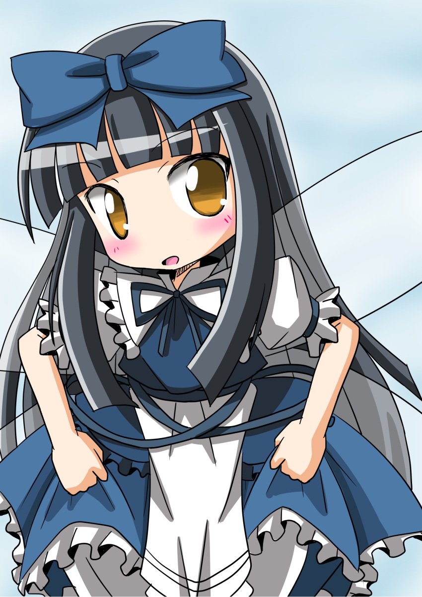 black_hair, blush, bow, hair_bow, highres, long_hair, naruse_mahi, skirt