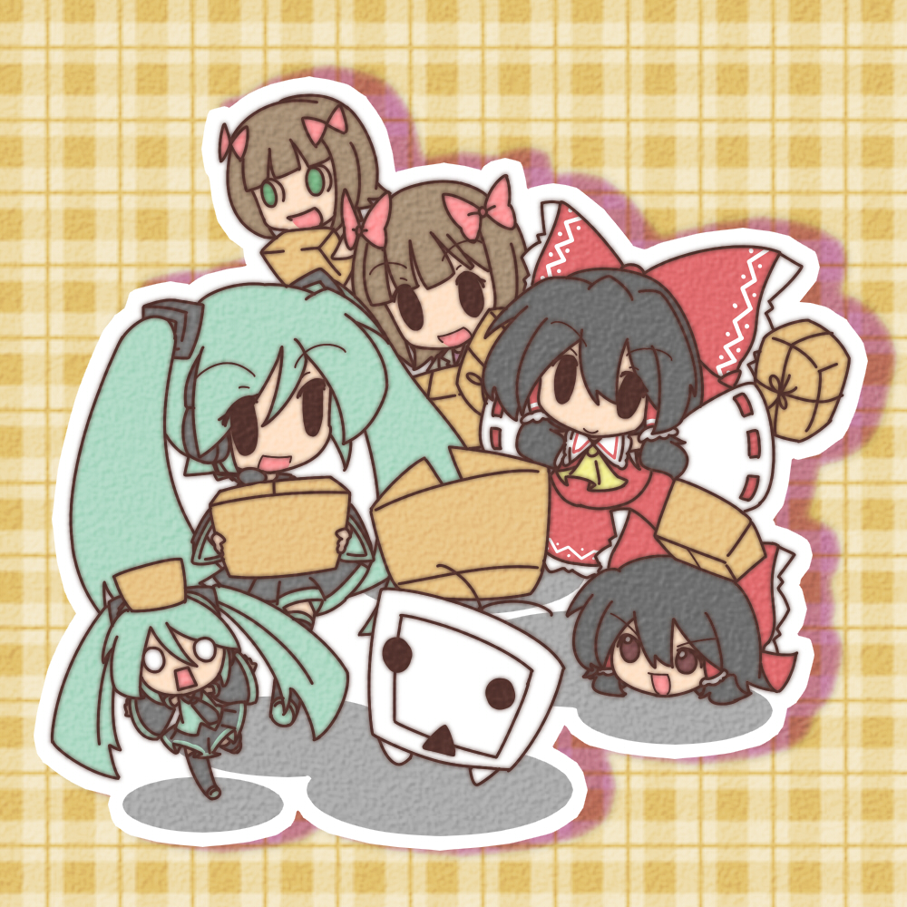 6+girls, :d, amami_haruka, aqua_hair, black_hair, bow, box, brown_eyes