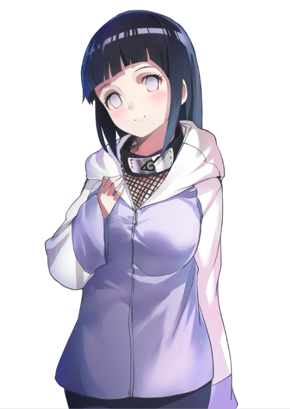 blush, fishnets, forehead_protector, hyuuga_hinata, konohagakure_symbol, naruto, naruto_shippuuden, shirabi_(life-is-free), simple_background, smile, solo, white_eyes