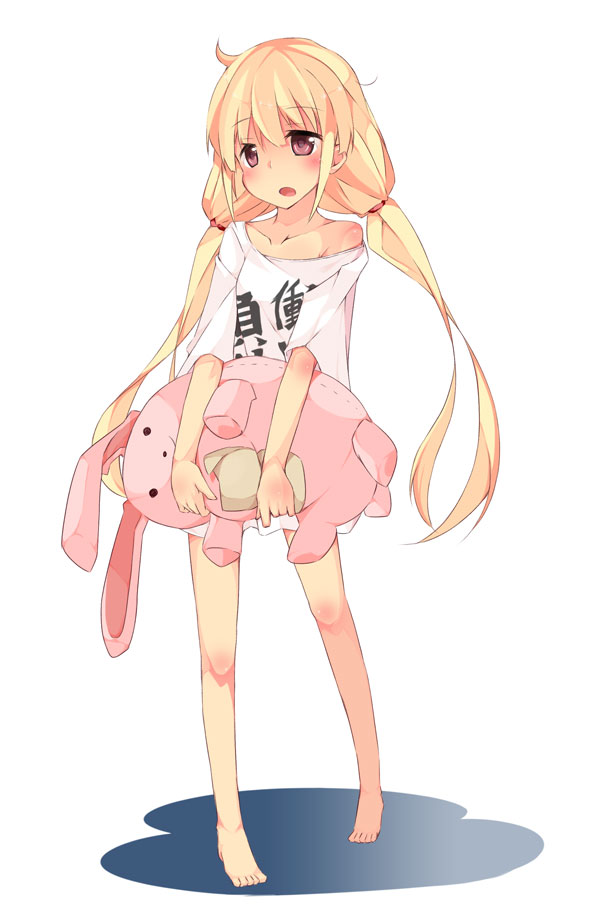 barefoot, blonde_hair, blush, brown_eyes, clothes_writing, collarbone, futaba_anzu, holding