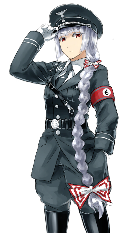 alternate_costume, alternate_hairstyle, belt, bow, fujiwara_no_mokou, gloves, hair_bow, hand_in_pocket, hat, jewelry, long_hair, military, military_uniform, nazi, pennel, red_eyes, sam_browne_belt, silver_hair, simple_background, single_earring, solo, touhou, uniform, very_long_hair, white_background, white_gloves