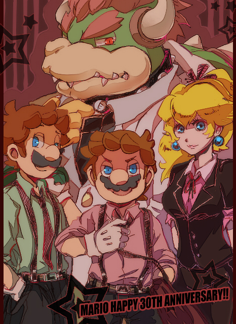 1girl, 2boys, anniversary, belt, blonde_hair, blue_eyes, bowser, brown_hair