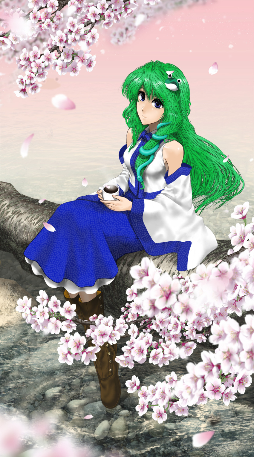 blue_eyes, blush, boots, breasts, cherry_blossoms, coffee, cup, detached_sleeves