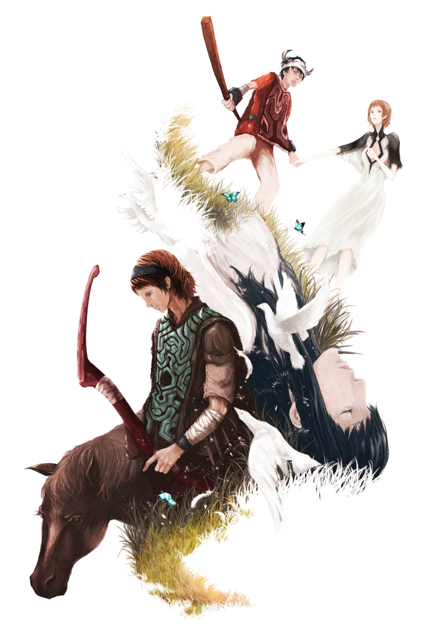 animal, bandage, bandages, bird, black_hair, bow_(weapon), brown_hair, butterfly, closed_eyes, dove, dress, eyes_closed, grass, hairband, hand_holding, highres, holding_hands, horns, horse, ico, ico_(character), long_hair, mono, open_mouth, red_hair, redhead, shadow_of_the_colossus, short_hair, simple_background, surcoat, tabard, valetch, wander, weapon, yorda