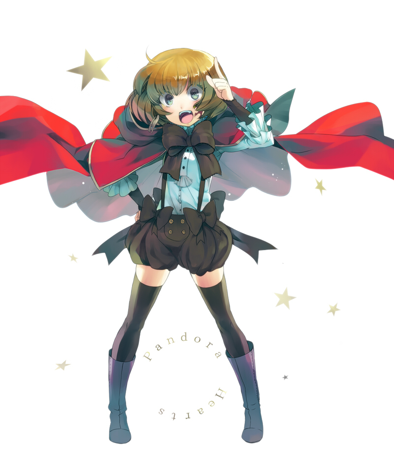 black_legwear, boots, bow, brown_hair, bun-o, cape, green_eyes, happy, lily_(pandora_hearts), open_mouth, pandora_hearts, ribbon, short_hair, shorts, solo, star, suspenders, thigh-highs, thighhighs, title_drop, white_background
