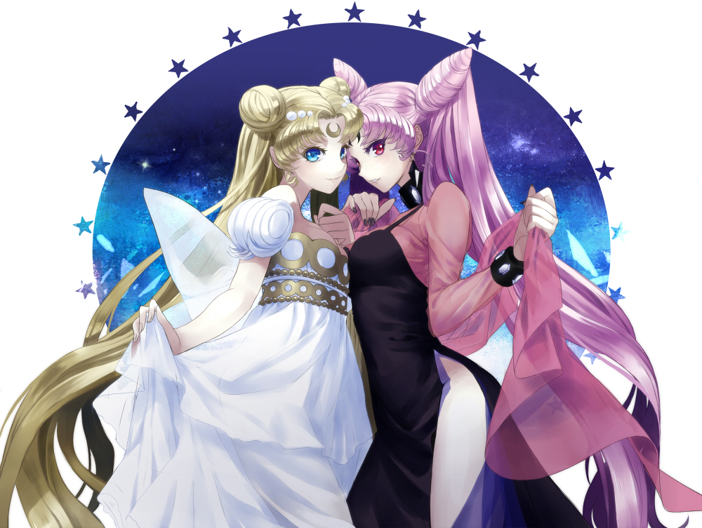 adult, age_difference, bare_shoulders, bishoujo_senshi_sailor_moon, black_lady, blonde_hair, blue_eyes, bun-o