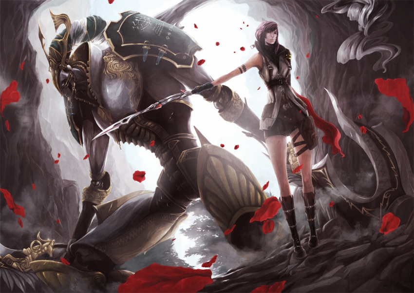 armor, belt, boots, cape, dual_wielding, final_fantasy, final_fantasy_xiii, fingerless_gloves