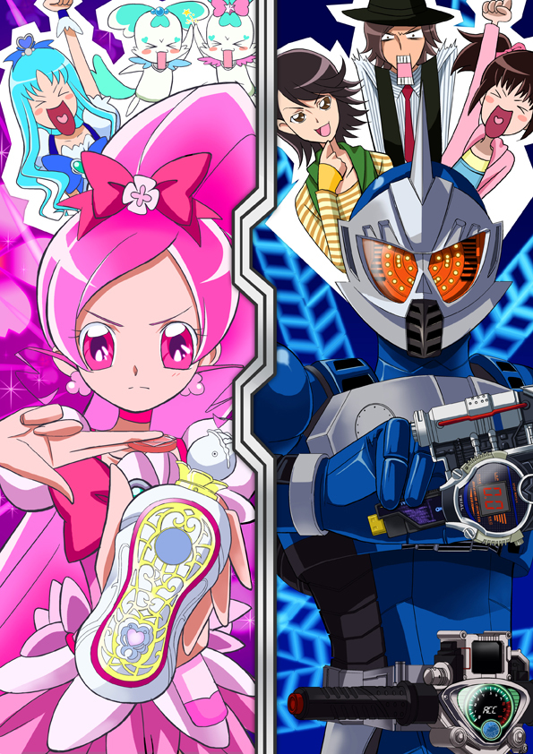 3boys, 3girls, :d, armor, arms_up, belt, blue_eyes, blue_hair, bow, choker, chypre_(heartcatch_precure!), closed_eyes, coffret_(heartcatch_precure!), crossover, cure_blossom, cure_marine, eyelashes, hanasaki_tsubomi, hat, heartcatch_precure!, helmet, hidari_shoutarou, high_ponytail, kamen_rider, kamen_rider_accel, kamen_rider_w, kurumi_erika, mahkn, multiple_boys, multiple_girls, narumi_akiko, open_mouth, philip_(kamen_rider), pink_bow, pink_choker, pink_eyes, pink_hair, ponytail, precure, season_connection, smile, xd