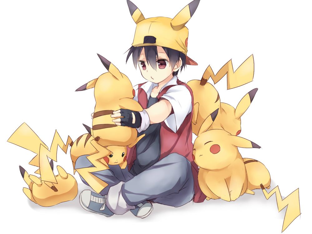'3', 1boy, :3, baseball_cap, black_hair, hat, maruki_(punchiki), o3o, pikachu, pokemon, pokemon_(creature), pokemon_(game), pokemon_rgby, red_(pokemon), red_eyes, sitting, too_many_pikachu