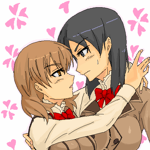 brown_hair, lowres, mamelove, maria_holic, miyamae_kanako, oekaki, school_uniform, short_hair, tsutsui_honoka, yuri