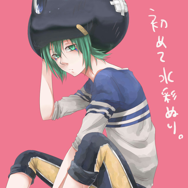 animal_hat, bandaid, fran_(reborn), green_eyes, green_hair, hat, katekyo_hitman_reborn, katekyo_hitman_reborn!, looking_at_the_viewer, looking_at_viewer, male, simple_background, simple_bakground, solo