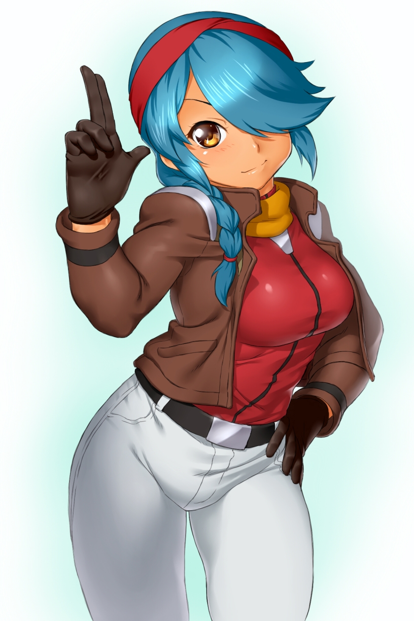 arisa_gunhale, belt, braid, brown_eyes, gloves, gundam, gundam_age, hair_over_one_eye, hand_on_hip, headband, highres, hips, jacket, long_hair, onsoku_maru, open_clothes, open_jacket, scarf, single_braid, solo