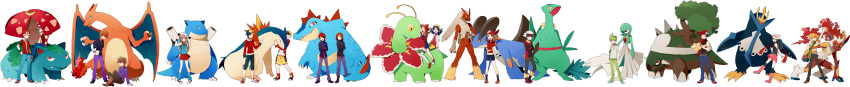 alternate_costume, bandana, bandanna, baseball_cap, black_hair, blastoise, blaziken, blonde_hair