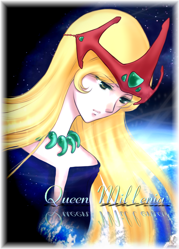 80s, blonde_hair, brown_eyes, bust, crown, eyelashes, jewelry, long_hair, necklace, oldschool, queen_millenia, shin_taketori_monogatari_sennen_joou, solo, space, title_drop, yukino_yayoi, yuzuru_saeki