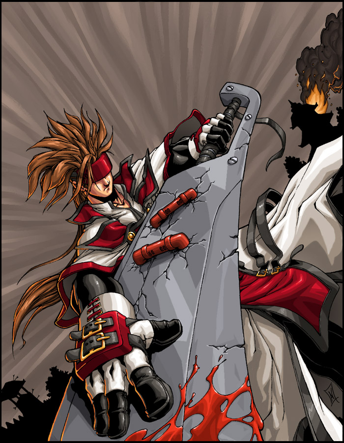 blood, brown_hair, capelet, gloves, guilty_gear, headband, hidden_eyes, huge_weapon, hybridav, long_hair, male, order_sol, ponytail, solo, sword, uniform, weapon