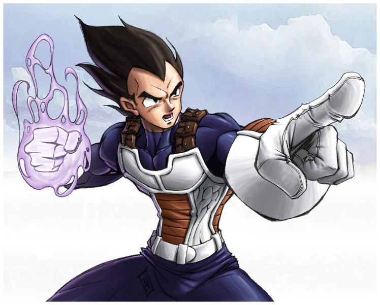 armor, aura, black_hair, bodysuit, clenched_hand, cloudy_sky, dragon_ball, dragon_ball_z, dragonball_z, final_shine, gloves, hybridav, male, muscle, pointing, pointing_forward, solo, spiked_hair, spiky_hair, vegeta, white_gloves