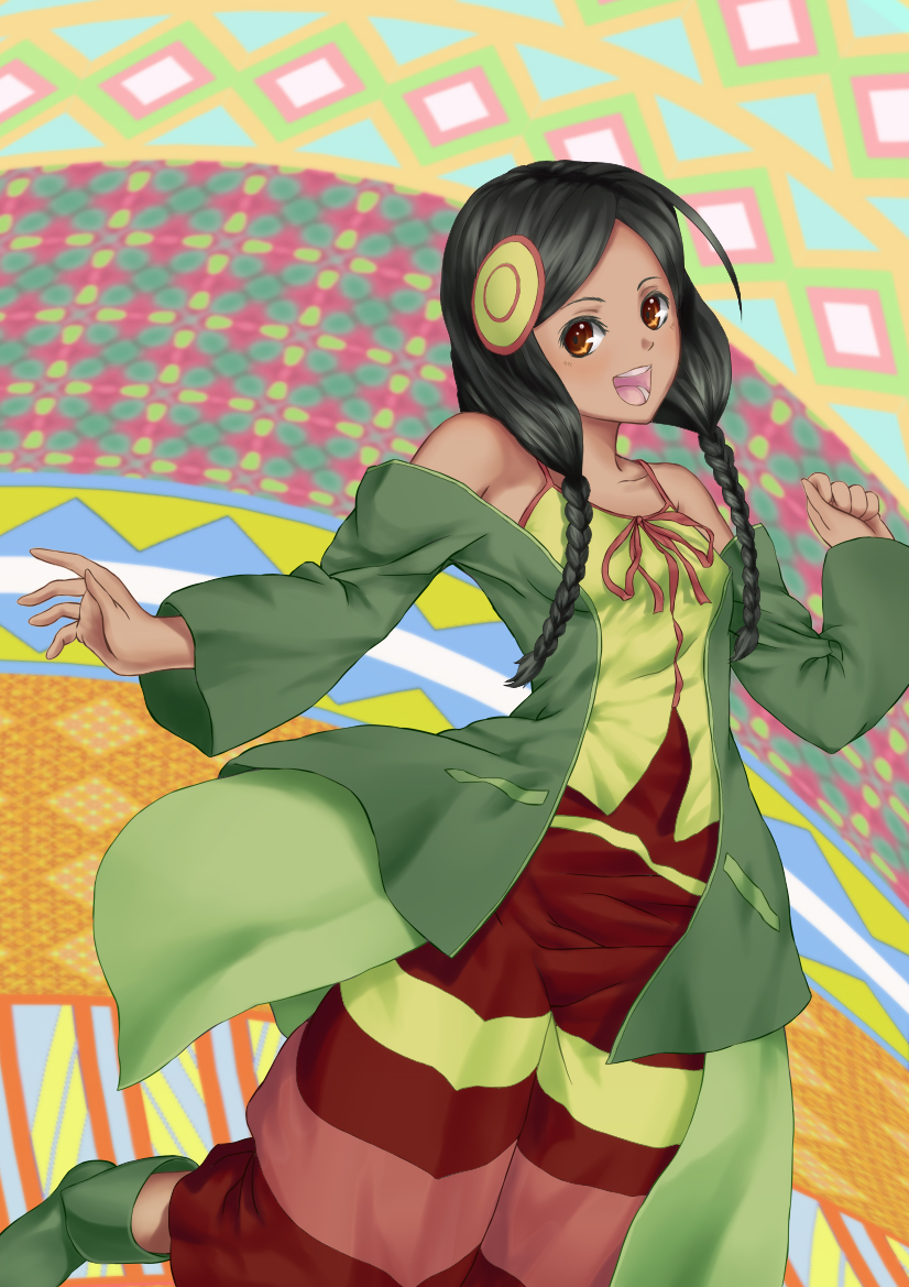 ahoge, aquarion_(series), aquarion_evol, baggy_pants, bare_shoulders, black_hair, braid, dark_skin