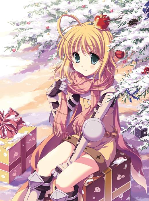 ahoge, apple, apple_o_archer, armor, arrow, blush, box, food, fruit, gauntlets, gift, gift_box, gloves, greaves, knight_(ragnarok_online), light_smile, odawara_hakone, plaid, plaid_scarf, ragnarok_online, scarf, sitting, snow, solo, tree