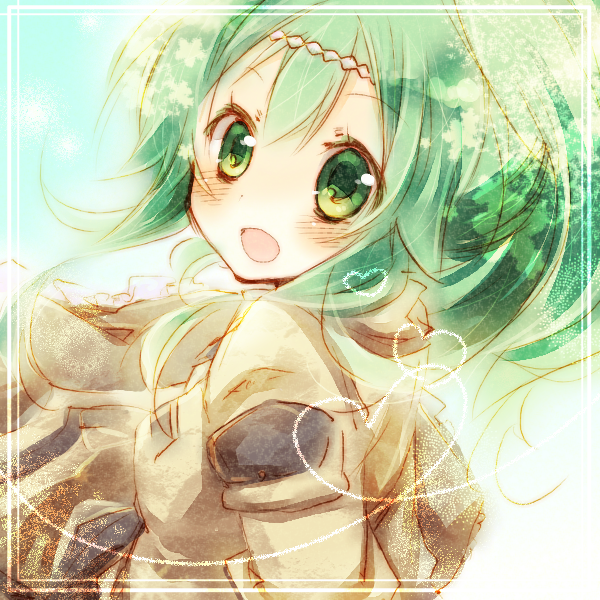amamiya_kabosu, atelier_(series), atelier_lise_alchemist_of_ordre, circlet, green_eyes, green_hair, hilda_(atelier), long_hair, ponytail, shirt, smile, solo