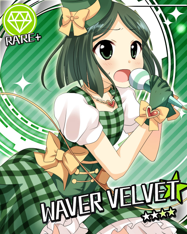 bangs, blush, card_(medium), character_name, cinderella_girls_card_parody, diamond, fate/zero, fate_(series), gloves, green_eyes, green_hair, hat, idolmaster, idolmaster_cinderella_girls, male, mero-n_usagisan, microphone, parody, parted_bangs, plaid, plaid_skirt, puffy_sleeves, singing, skirt, solo, sparkle, star, top_hat, trap, waver_velvet