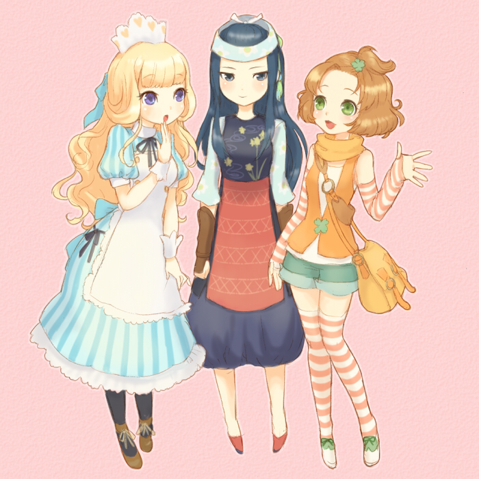 bag, bare_shoulders, black_hair, black_legwear, blonde_hair, brown_hair, dress, felicia_(harvest_moon), green_eyes, harvest_moon, harvest_moon:_a_new_beginning, harvest_moon_the_land_of_origin, headband, iroha_(harvest_moon), pantyhose, purple_eyes, short_shorts, shorts, striped, striped_legwear, thigh-highs, thighhighs, tina_(harvest_moon), vambraces, vest, violet_eyes