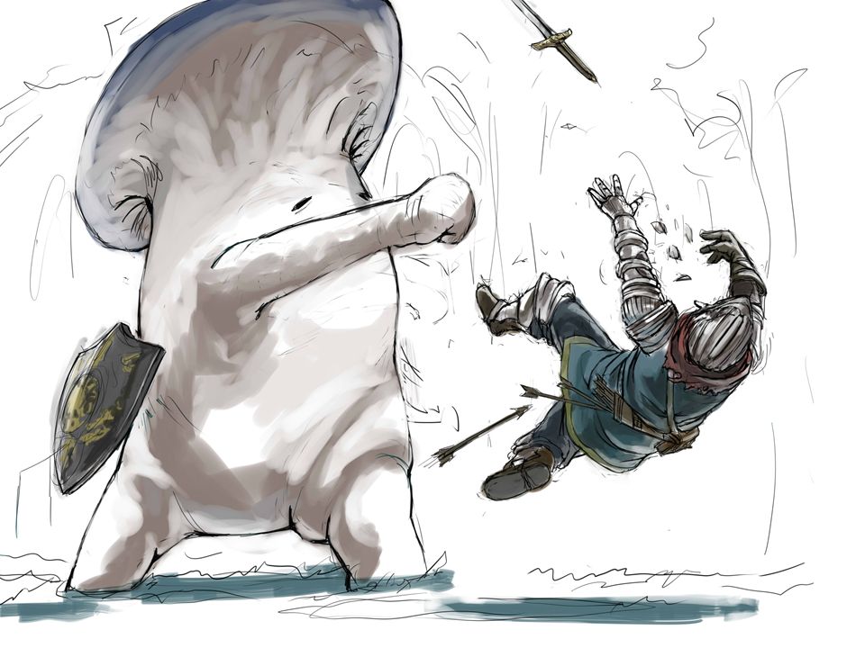 armor, arrow, bad_id, dark_souls, full, full_armor, gauntlets, height_difference, helmet, knight, knight_of_astora_oscar, monster, mushroom, mushroom_parent, punching, quiver, sgegaet, shield, size_difference, sword, truth, weapon