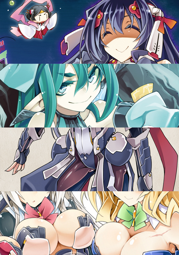 aqua_hair, armor, asama_tomo, blonde_hair, blue_hair, bodysuit, breasts, character_request