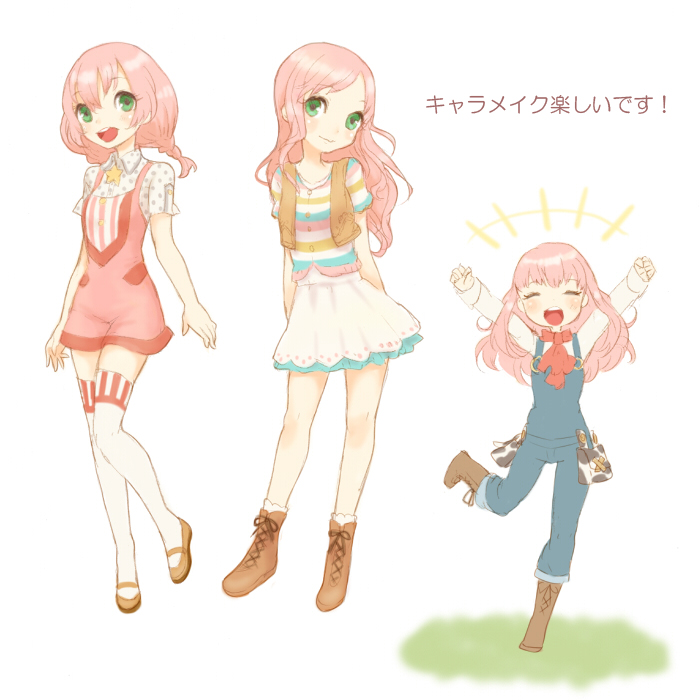 cow_print, dress, green_eyes, harvest_moon, harvest_moon:_a_new_beginning, harvest_moon_the_land_of_origin, overalls, pink_hair, pouch, rio_(harvest_moon), striped, thigh-highs, thighhighs, vest