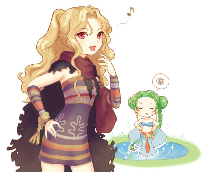 blonde_hair, bracelet, braid, closed_eyes, detached_sleeves, eyes_closed, green_hair, hair_bun