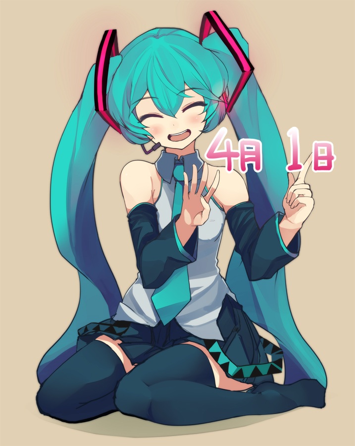 aqua_hair, bare_shoulders, closed_eyes, detached_sleeves, eyes_closed, hatsune_miku, headset, long_hair