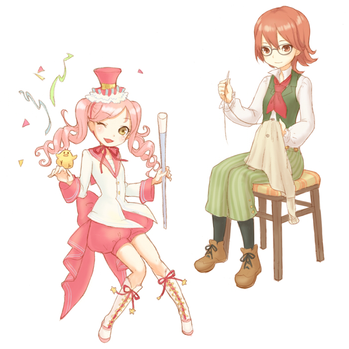 baton, brown_eyes, drill_hair, glasses, harvest_moon, harvest_moon:_a_new_beginning, harvest_moon_the_land_of_origin, hat, michelle_(harvest_moon), pantyhose, pink_hair, red_eyes, red_hair, redhead, sewing, twintails, wink, yuri_(harvest_moon), yuri_(havest_moon)