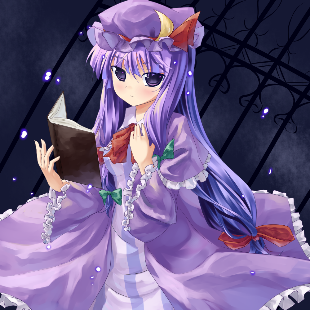 book, crescent, hat, long_hair, makai_no_koutaishi, patchouli_knowledge, purple_eyes, purple_hair