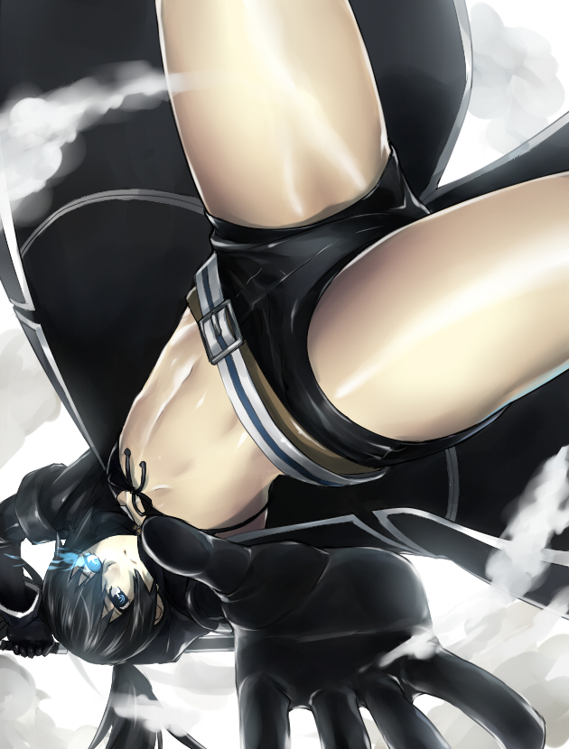 bikini_top, black_hair, black_rock_shooter, black_rock_shooter_(character), blue_eyes, flat_chest, looking_at_viewer, midriff