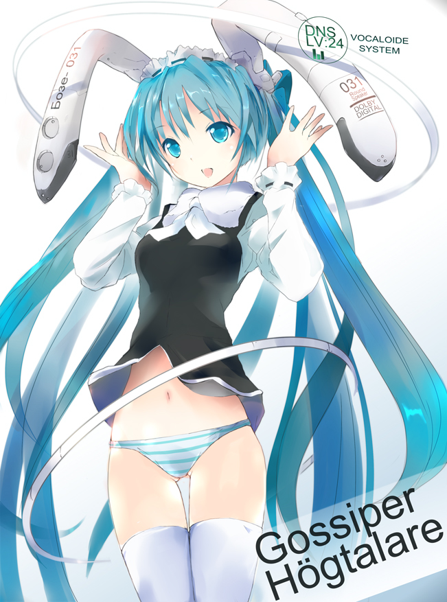 aqua_eyes, aqua_hair, h016, halo, hatsune_miku, headdress, long_hair, navel, no_pants, panties, robot_ears, solo, striped, striped_panties, swedish, thigh-highs, thighhighs, translated, twintails, underwear, very_long_hair, vocaloid