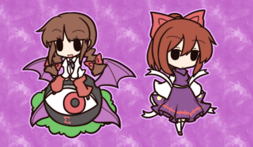 2girls, :d, braid, brown_hair, chibi, evil_eye_sigma, fushigi_ebi, multiple_girls
