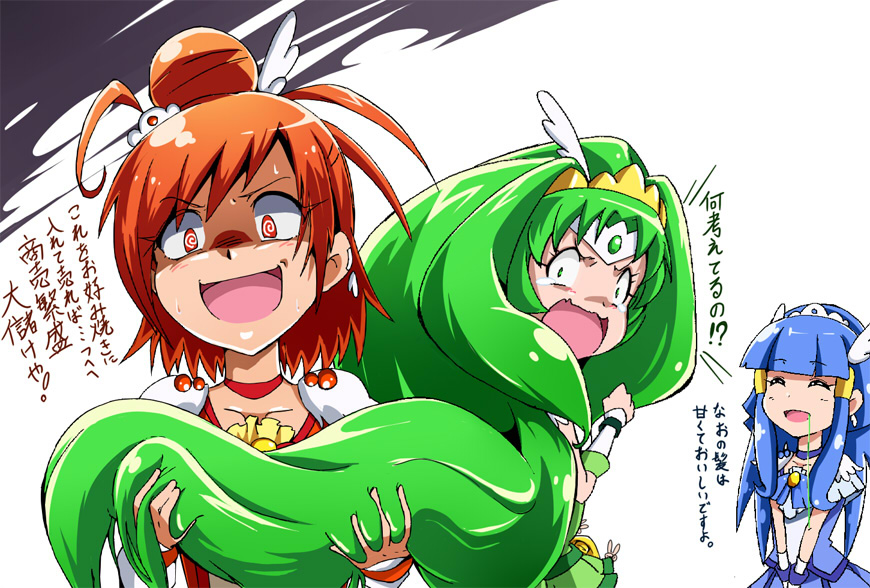 @_@, aoki_reika, blue_hair, choker, cure_beauty, cure_march, cure_sunny, drooling, eating_hair, hair_tussle, hino_akane, long_hair, magical_girl, midorikawa_nao, multiple_girls, orange_hair, ponytail, precure, short_hair, smile_precure!, taroimo_(takesan), tiara, translation_request, very_long_hair